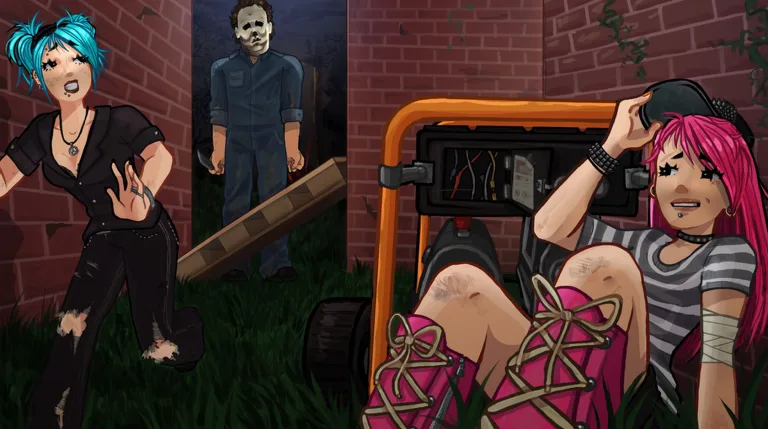 Two survivors repairing a generator while a killer approaches in Violence District.