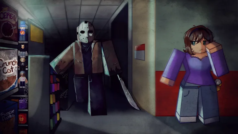 A masked killer with a machete advancing down a corridor while a survivor hides near a shelf in Violence District.